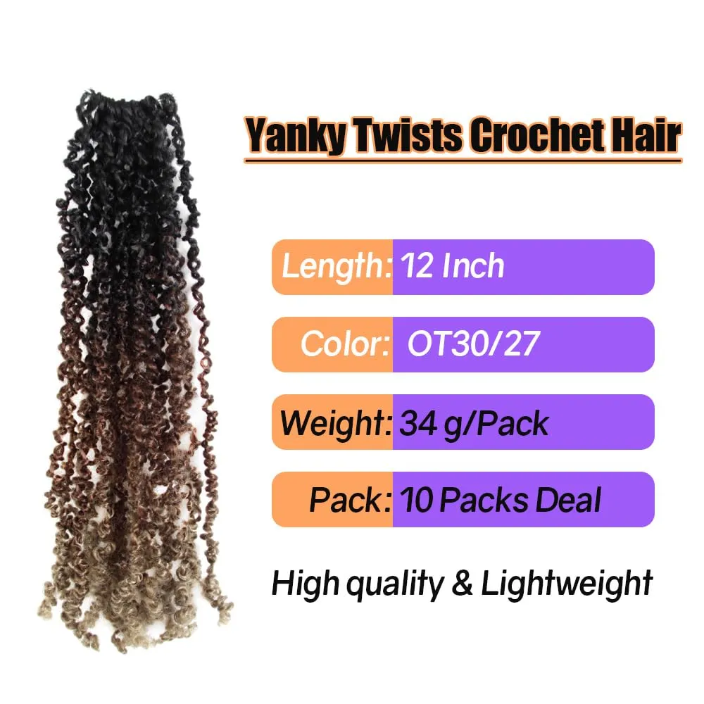 12 Inch 10 Packs Yanky Twist Crochet Hair Pre-twisted 3 Tones Ombre Brown Kinky Mini Spring Twist Small Curly Senegalese Twist Braids (OT30/27-10P)