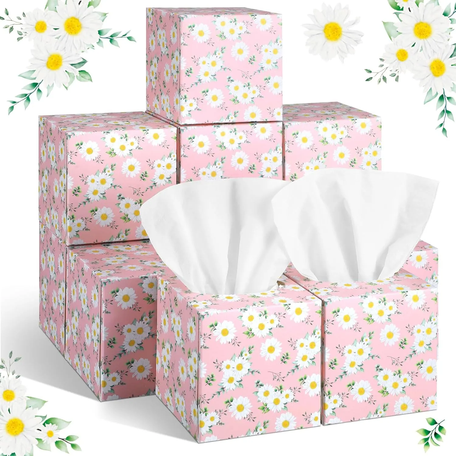 12 Pack Spring Facial Tissues Cube Face Boxes 600 Sheets 3 Ply Small Square Tissues Bulk for Spring Summer Car Bedroom Supplies(Daisies)