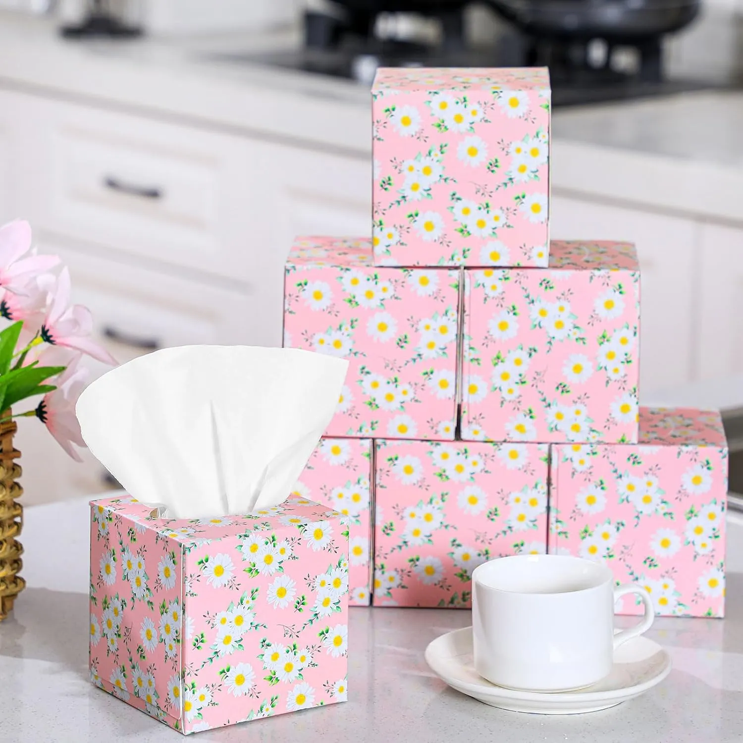 12 Pack Spring Facial Tissues Cube Face Boxes 600 Sheets 3 Ply Small Square Tissues Bulk for Spring Summer Car Bedroom Supplies(Daisies)