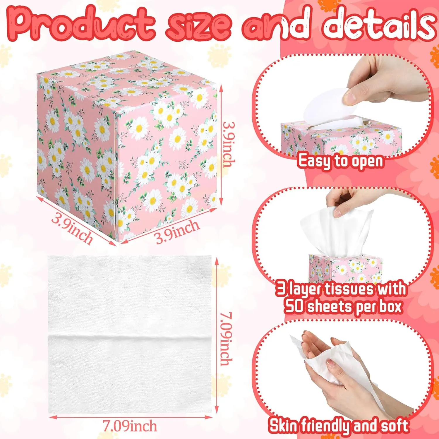 12 Pack Spring Facial Tissues Cube Face Boxes 600 Sheets 3 Ply Small Square Tissues Bulk for Spring Summer Car Bedroom Supplies(Daisies)