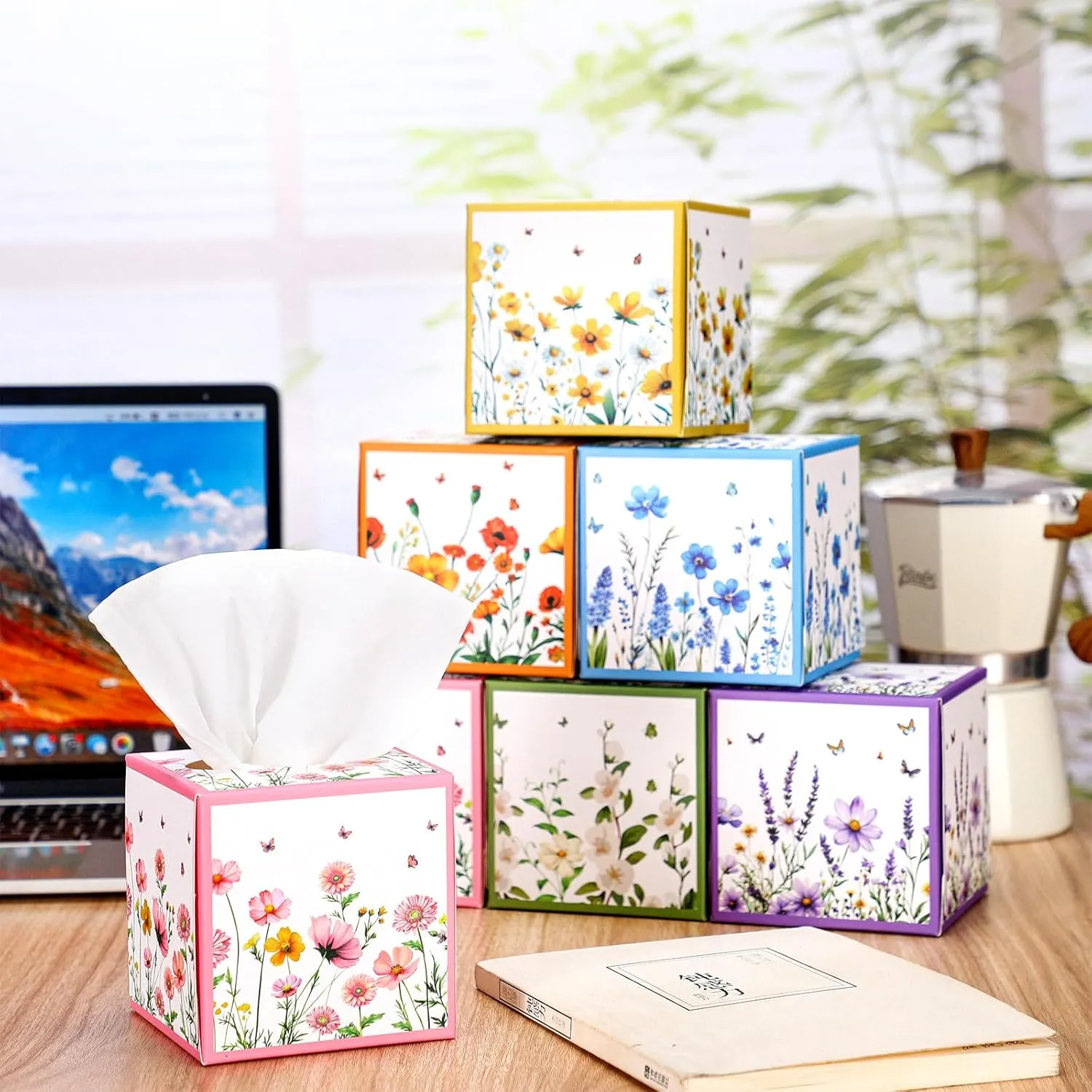 12 Pack Spring Facial Tissues Cube Face Boxes 600 Sheets 3 Ply Small Square Tissues Bulk for Spring Summer Car Bedroom Supplies(Flower)