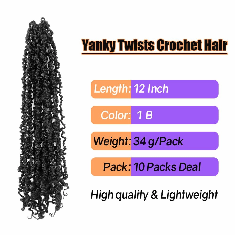12 Inch 10 Packs Yanky Twist Crochet Hair Pre-twisted Natural Black Kinky Mini Spring Twist Small Curly Senegalese Twist Braids (1B)