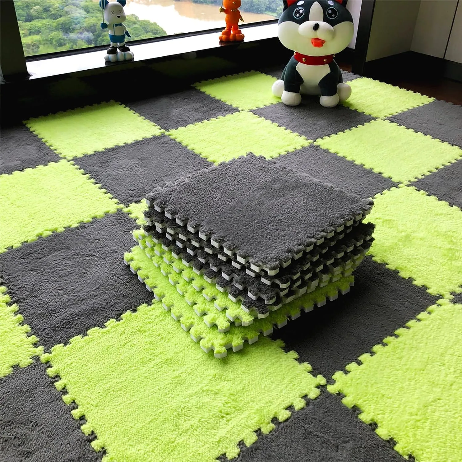 12pcs Tiled Puzzle Play Mats Interlocking Shaggy Soft EVA Foam Mats Protective Floor for Children Kids Room Home Parlor Bedroom(Green)
