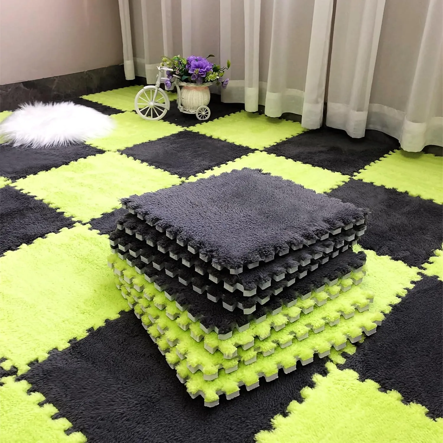 12pcs Tiled Puzzle Play Mats Interlocking Shaggy Soft EVA Foam Mats Protective Floor for Children Kids Room Home Parlor Bedroom(Green)