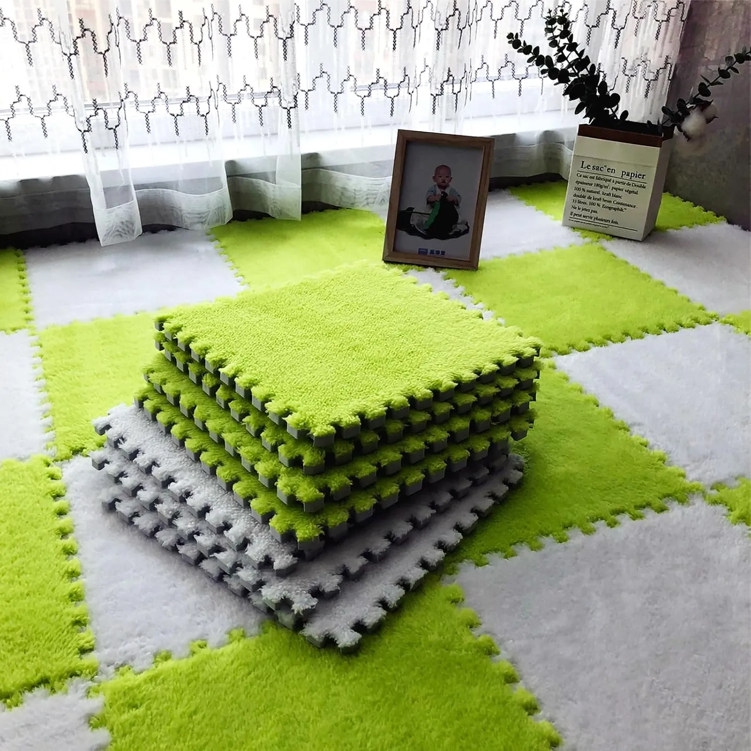 12pcs Tiled Puzzle Play Mats Interlocking Shaggy Soft EVA Foam Mats Protective Floor for Children Kids Room Home Parlor Bedroom(Green)