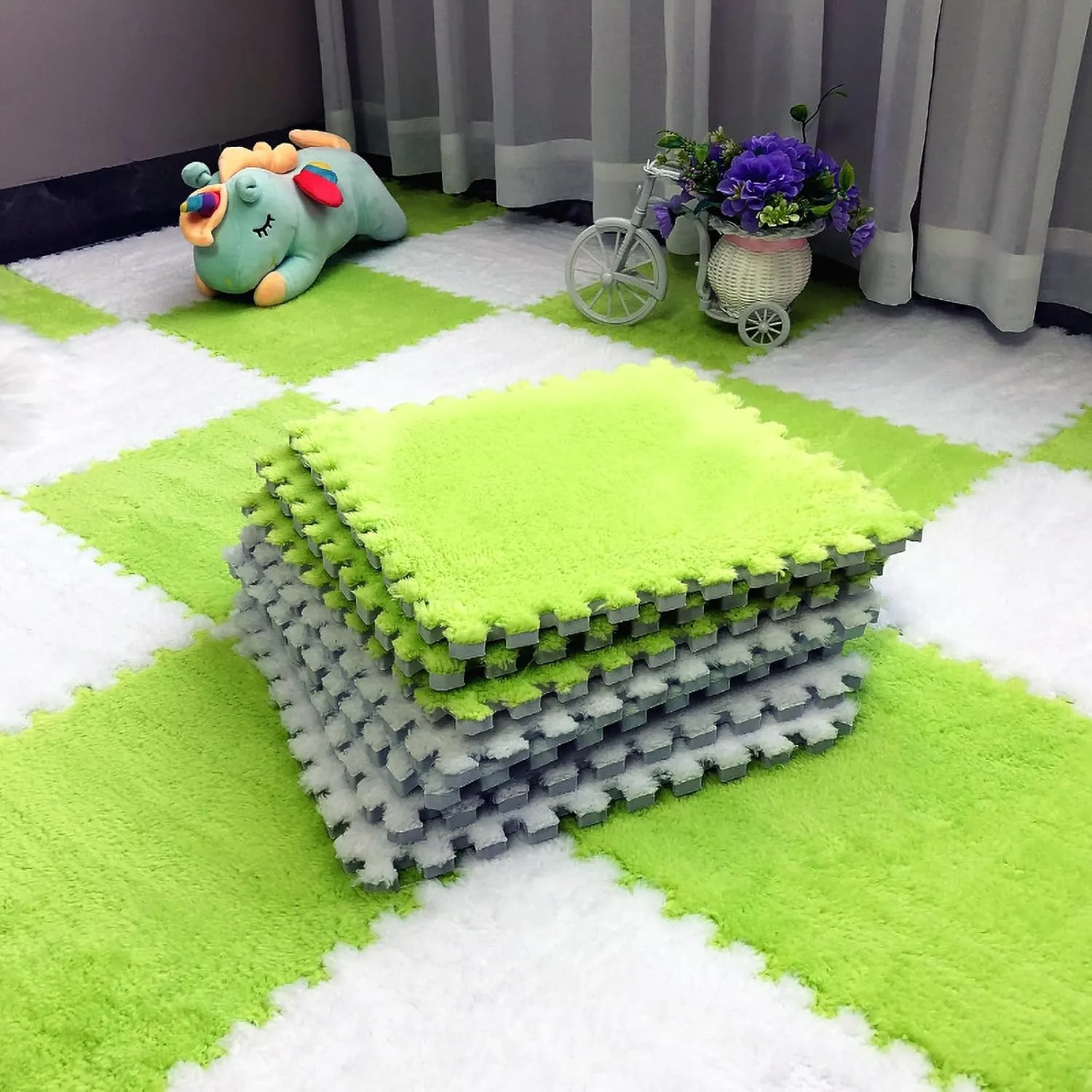 12pcs Tiled Puzzle Play Mats Interlocking Shaggy Soft EVA Foam Mats Protective Floor for Children Kids Room Home Parlor Bedroom(Green)