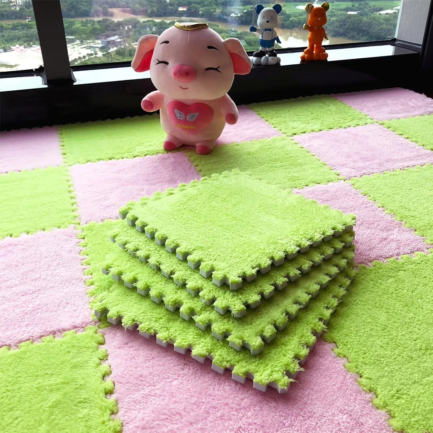 12pcs Tiled Puzzle Play Mats Interlocking Shaggy Soft EVA Foam Mats Protective Floor for Children Kids Room Home Parlor Bedroom(Green)