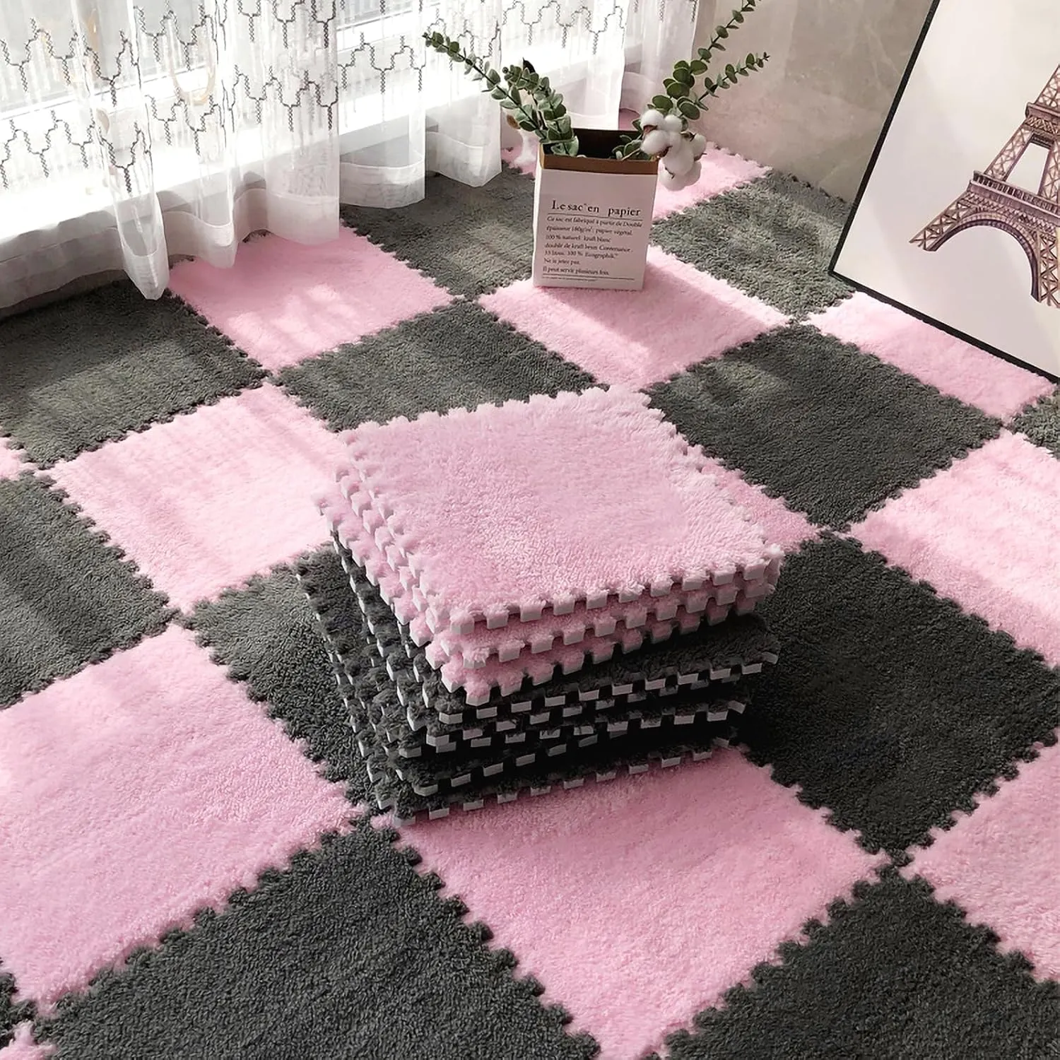 12pcs Tiled Puzzle Play Mats Interlocking Shaggy Soft EVA Foam Mats Protective Floor for Children Kids Room Home Parlor Bedroom(Pink)