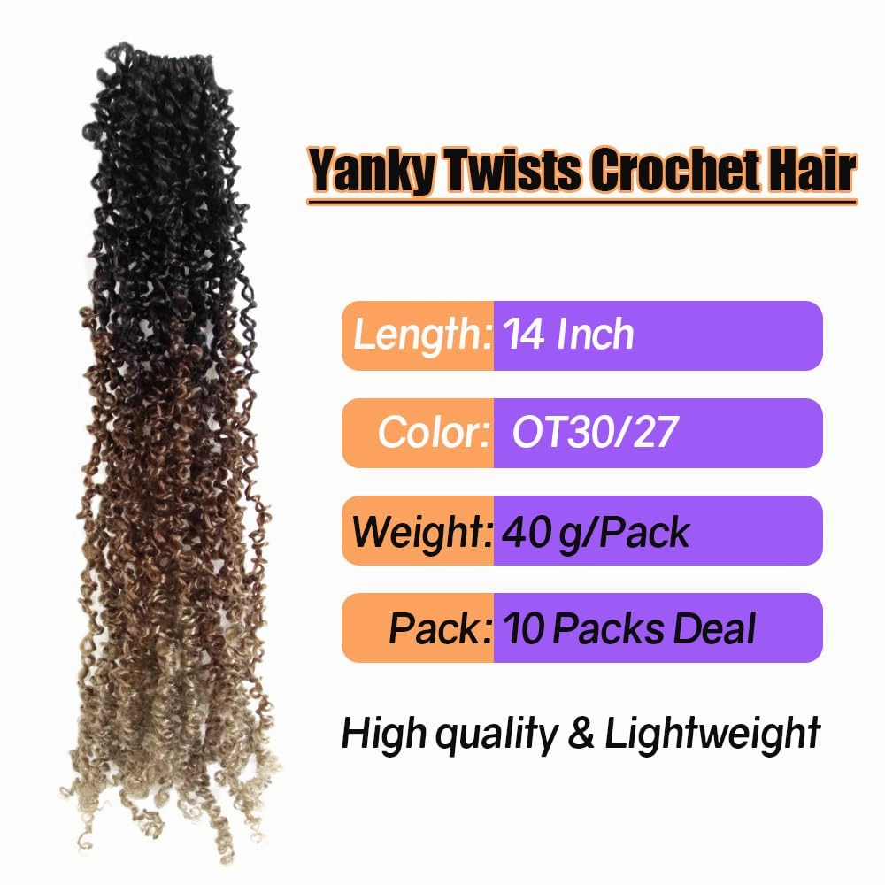 14 Inch 10 Packs Yanky Twist Crochet Hair Pre-twisted 3 Tones Ombre Brown Kinky Mini Spring Twist Small Curly Senegalese Twist Braids (OT30/27-10P)