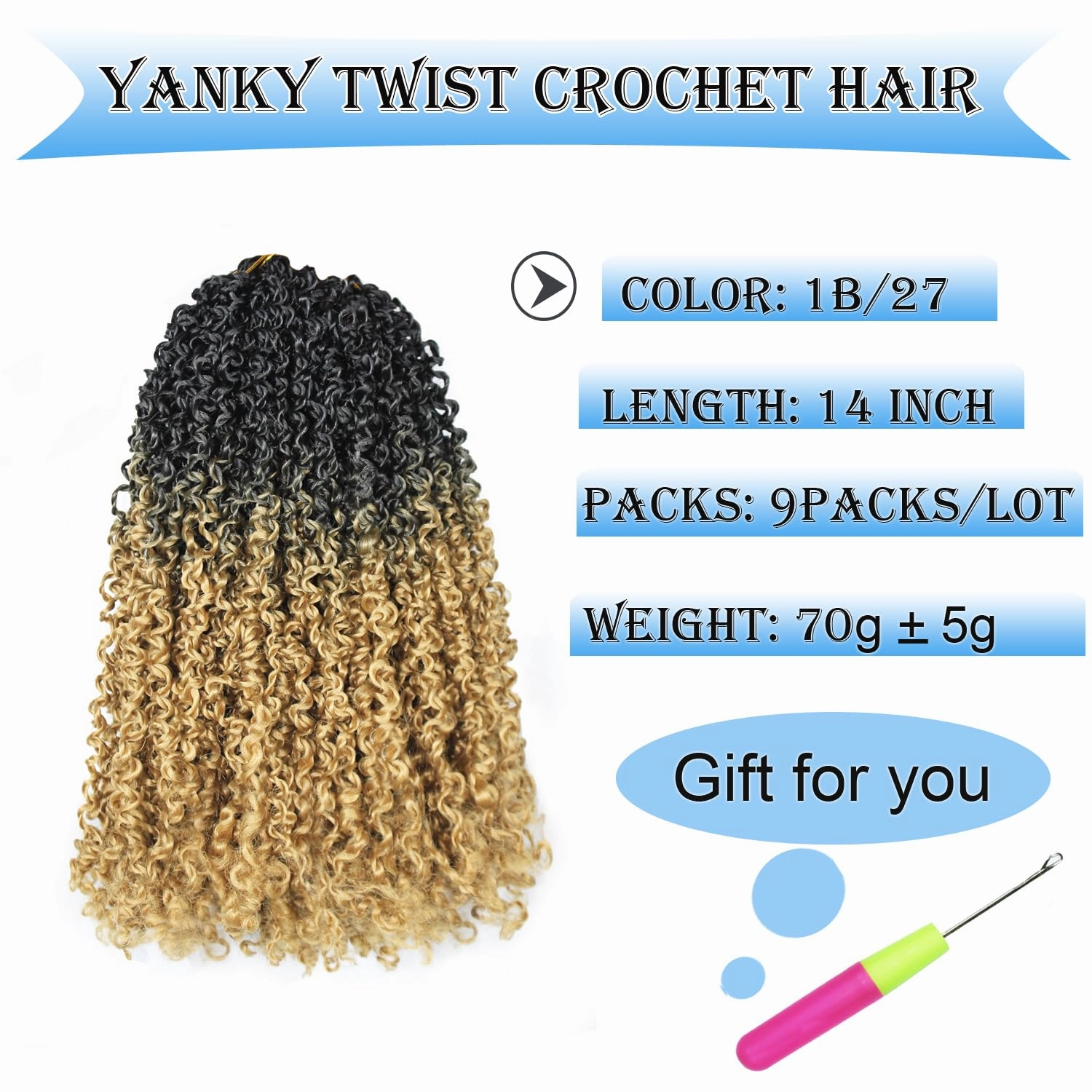 14 Inch 9 Packs Yanky Twist Crochet Hair Pre-Twisted Curly Braiding Hair Extensions Pre-looped Senegalese Twist Braids Synthetic Curly Crochet Hair For Black Women(14inch, 9pack, 1b/27)