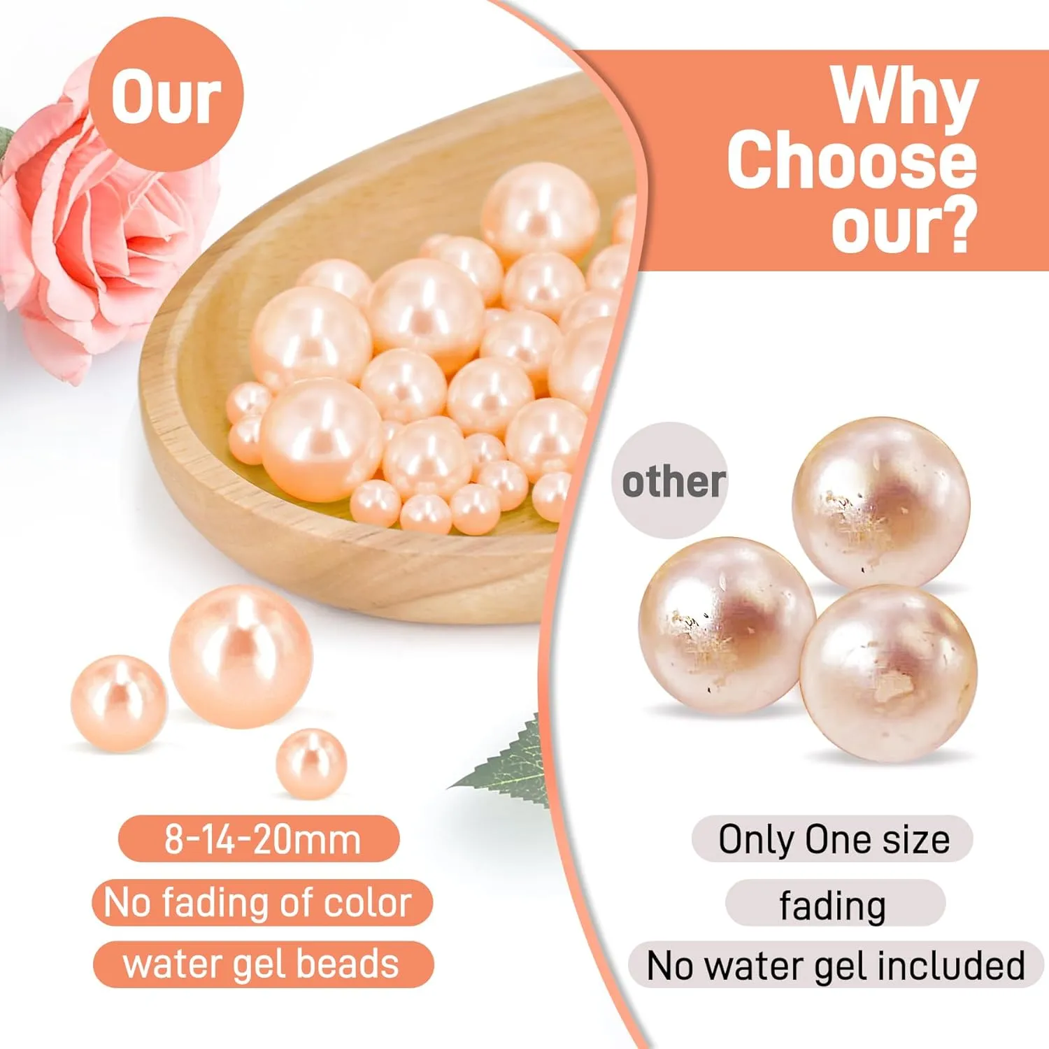 180PCS Champagne Beads for Centerpieces Vases, No Hole Polished Pearl Makeup Beads Mixed 8/14/20mm Sizes, Pearl Vase Fillers Table Scatters for Party Wedding Decor