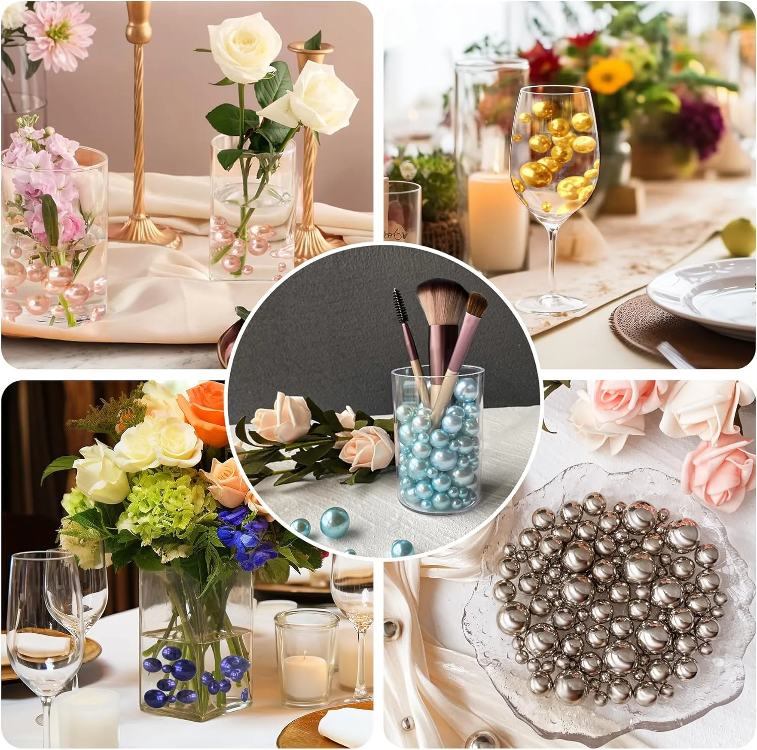 180PCS Champagne Beads for Centerpieces Vases, No Hole Polished Pearl Makeup Beads Mixed 8/14/20mm Sizes, Pearl Vase Fillers Table Scatters for Party Wedding Decor