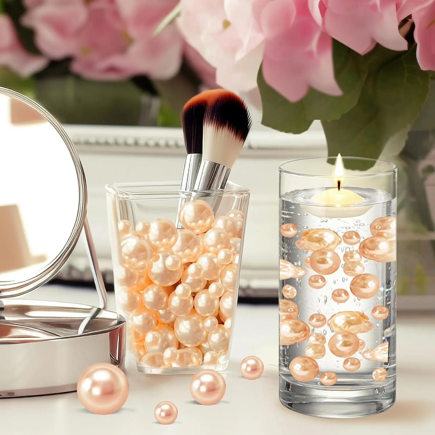 180PCS Champagne Beads for Centerpieces Vases, No Hole Polished Pearl Makeup Beads Mixed 8/14/20mm Sizes, Pearl Vase Fillers Table Scatters for Party Wedding Decor