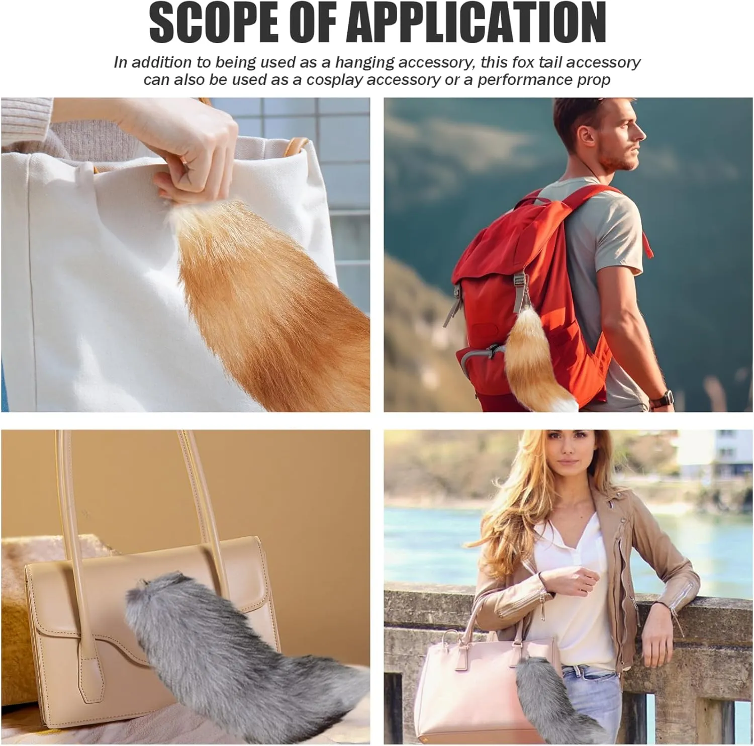2 Pcs Therian Tail 16 Inch Long Therian Fox Tail with Golden Clasp Soft Fluffy Fox Tail Keychain Halloween