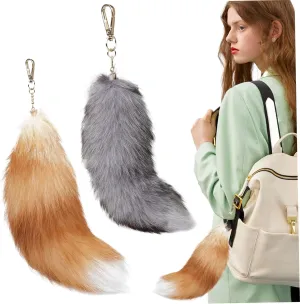2 Pcs Therian Tail 16 Inch Long Therian Fox Tail with Golden Clasp Soft Fluffy Fox Tail Keychain Halloween