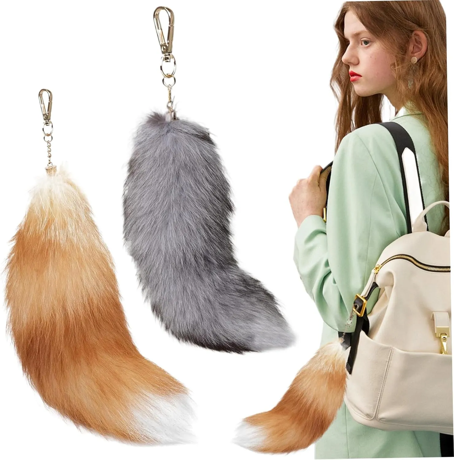 2 Pcs Therian Tail 16 Inch Long Therian Fox Tail with Golden Clasp Soft Fluffy Fox Tail Keychain Halloween