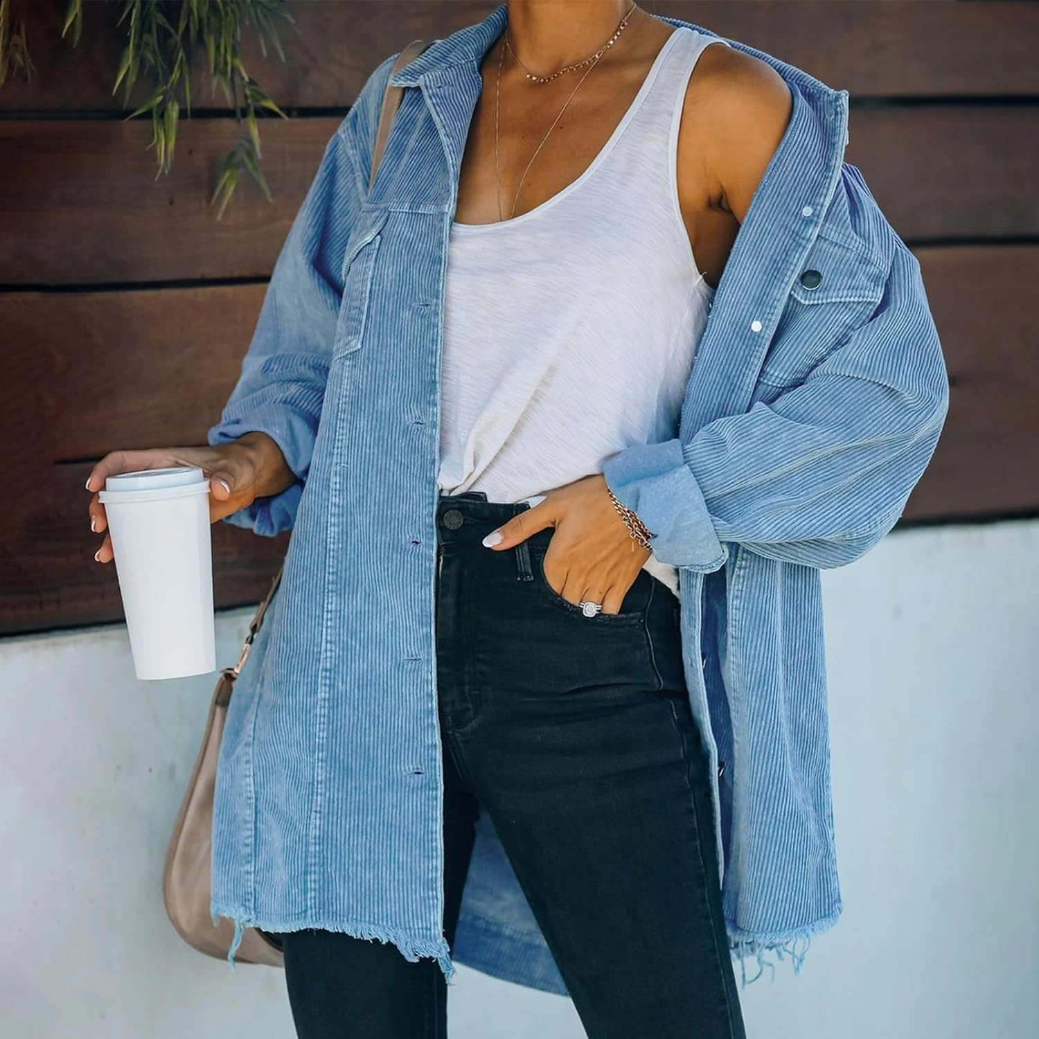 2023 Womens Corduroy Shacket Jacket Fall Long Sleeve Button Down Shirt Jackets Trendy Distressed Retr Coat with Pockets