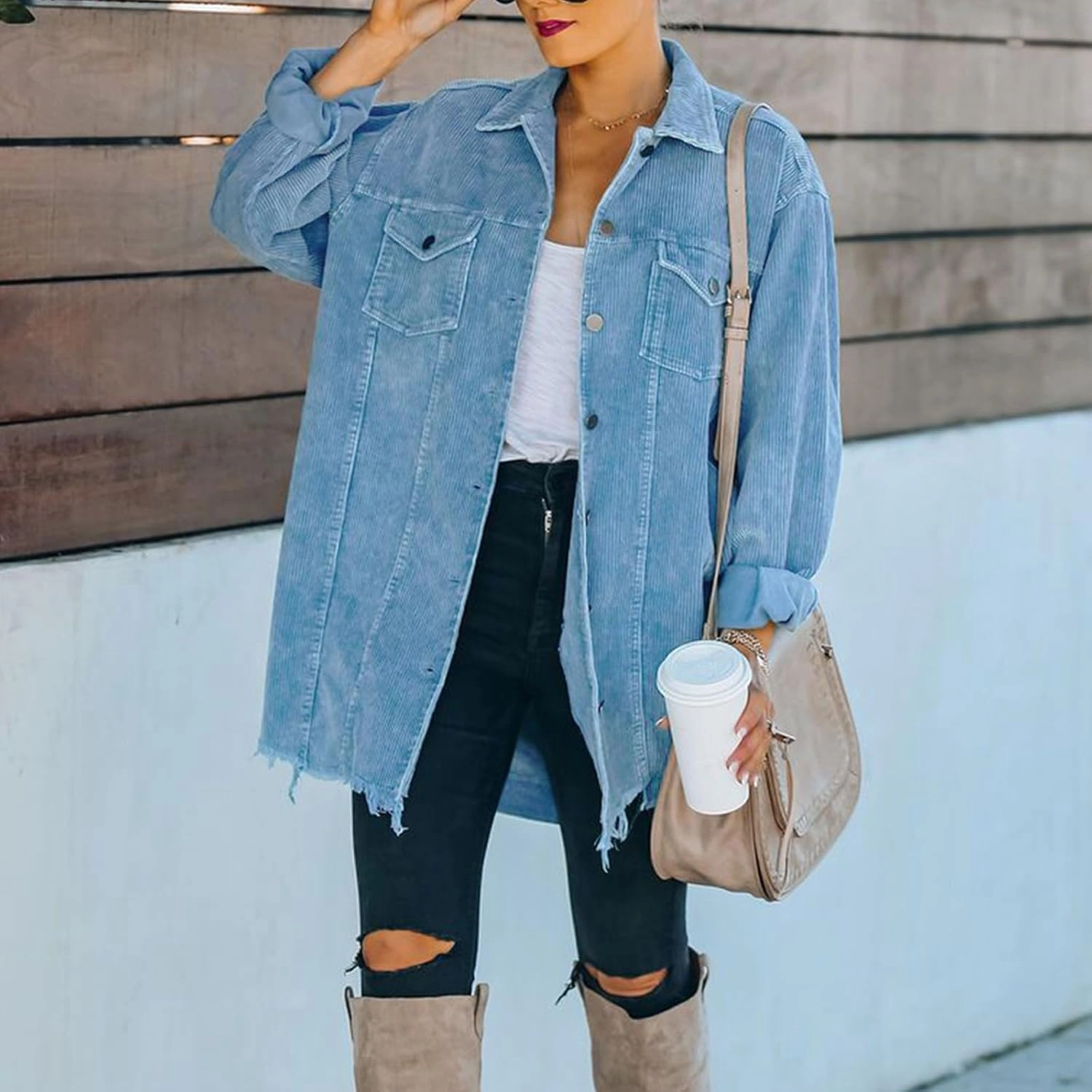2023 Womens Corduroy Shacket Jacket Fall Long Sleeve Button Down Shirt Jackets Trendy Distressed Retr Coat with Pockets