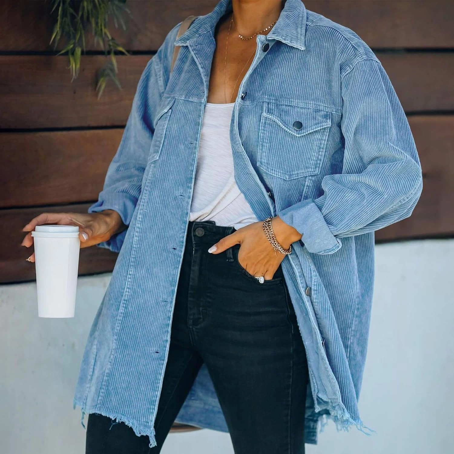 2023 Womens Corduroy Shacket Jacket Fall Long Sleeve Button Down Shirt Jackets Trendy Distressed Retr Coat with Pockets