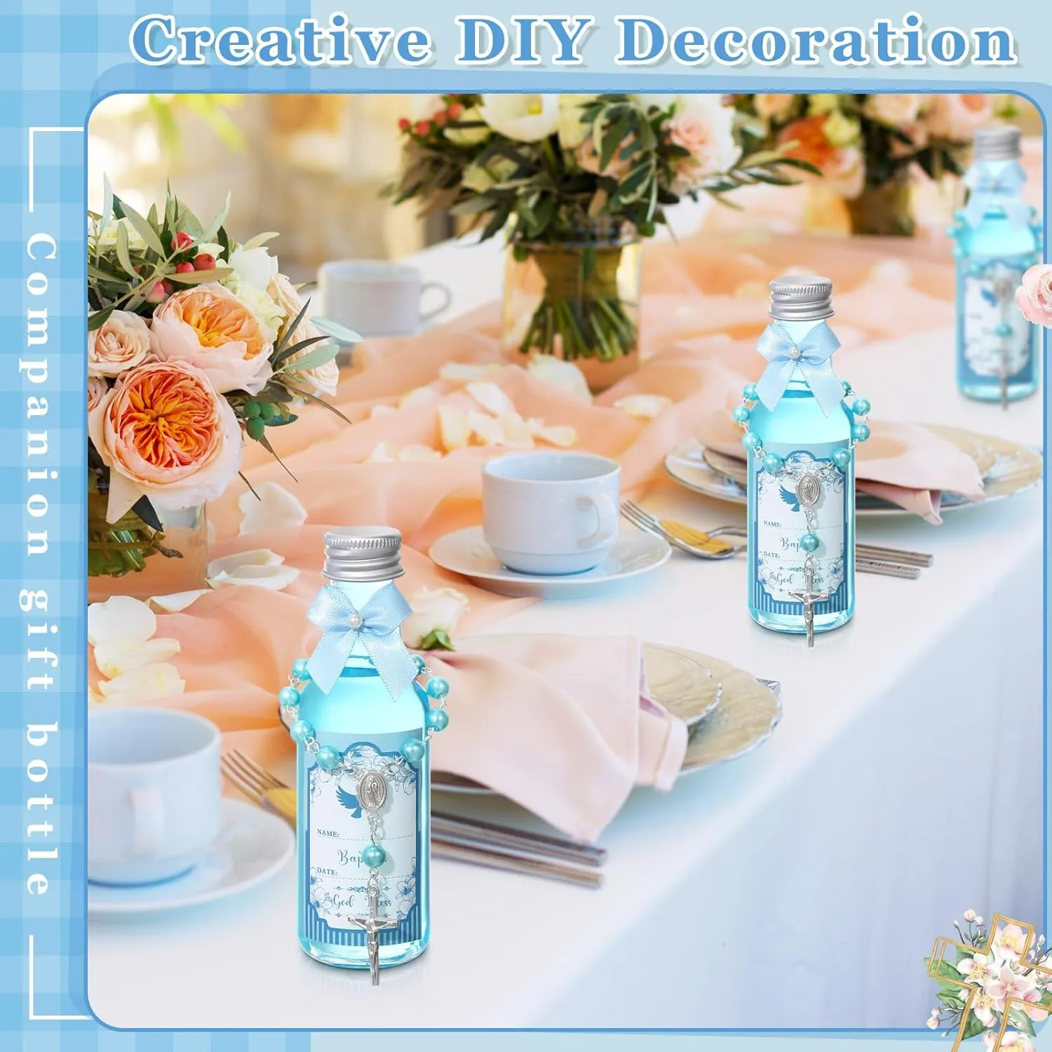 24 Sets Catholic Holy Water Bottle Baptism Rosary Set Baptism Favors 1.7oz Christian Water Container Empty Glass Holy Water Bottle for Easter Party Church Wedding Table Newborn (Blue)