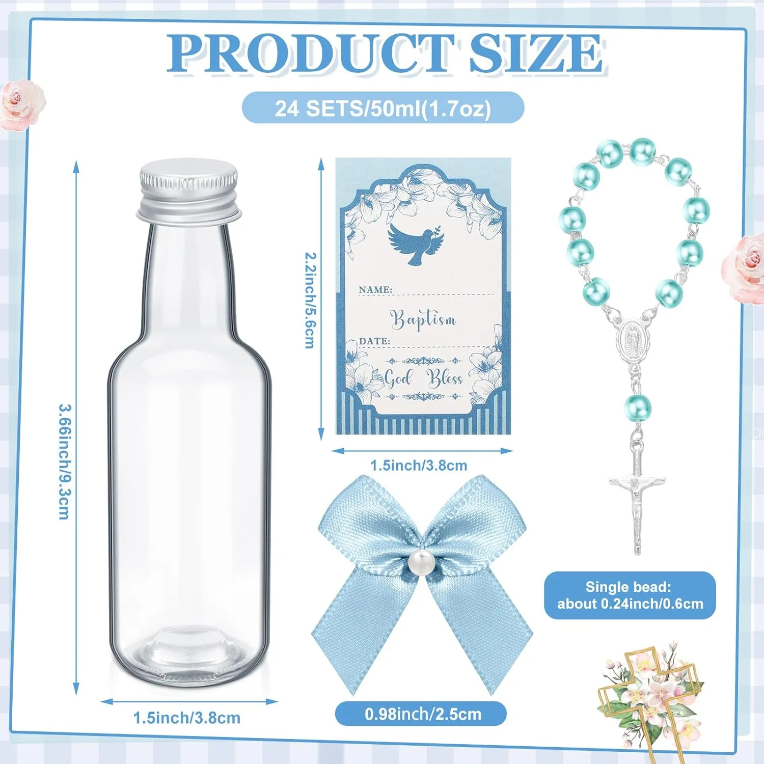 24 Sets Catholic Holy Water Bottle Baptism Rosary Set Baptism Favors 1.7oz Christian Water Container Empty Glass Holy Water Bottle for Easter Party Church Wedding Table Newborn (Blue)