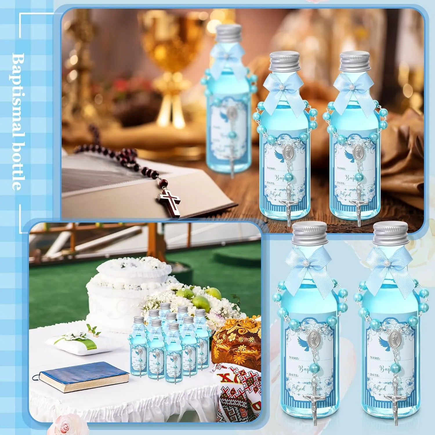 24 Sets Catholic Holy Water Bottle Baptism Rosary Set Baptism Favors 1.7oz Christian Water Container Empty Glass Holy Water Bottle for Easter Party Church Wedding Table Newborn (Blue)