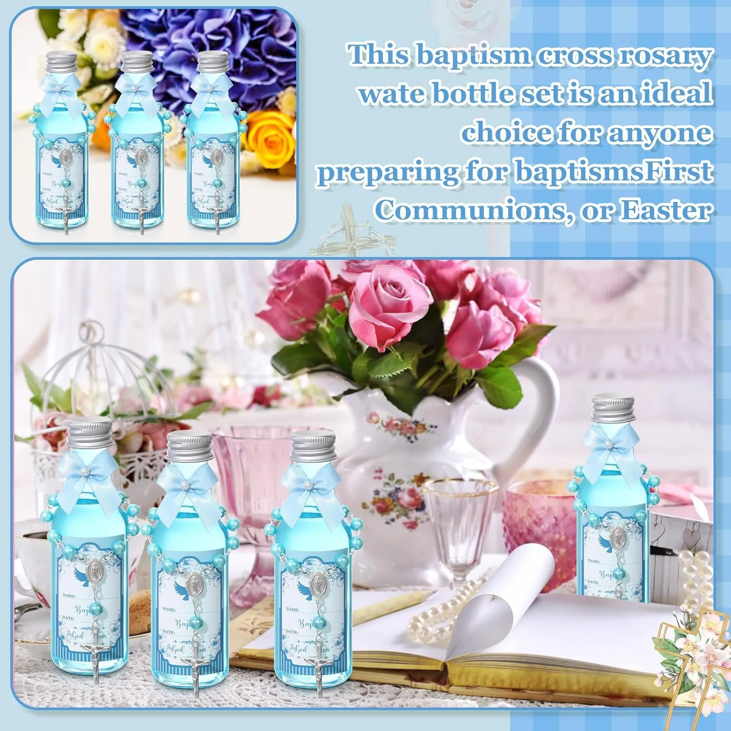 24 Sets Catholic Holy Water Bottle Baptism Rosary Set Baptism Favors 1.7oz Christian Water Container Empty Glass Holy Water Bottle for Easter Party Church Wedding Table Newborn (Blue)