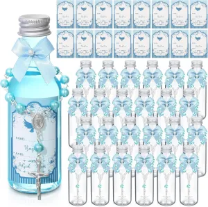 24 Sets Catholic Holy Water Bottle Baptism Rosary Set Baptism Favors 1.7oz Christian Water Container Empty Glass Holy Water Bottle for Easter Party Church Wedding Table Newborn (Blue)