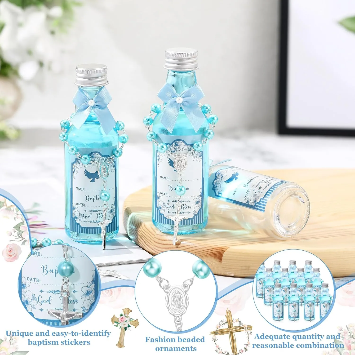 24 Sets Catholic Holy Water Bottle Baptism Rosary Set Baptism Favors 1.7oz Christian Water Container Empty Glass Holy Water Bottle for Easter Party Church Wedding Table Newborn (Blue)