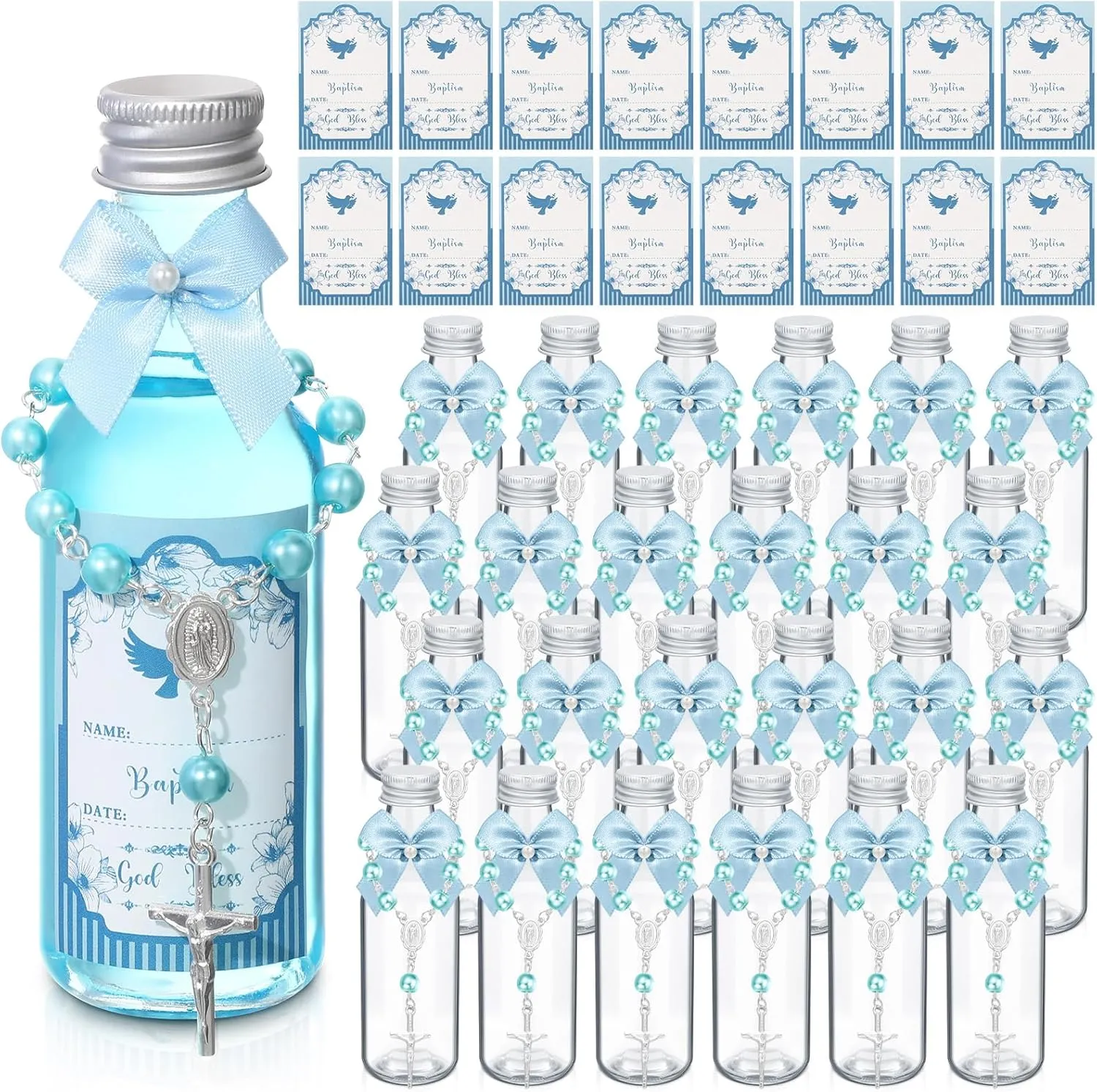 24 Sets Catholic Holy Water Bottle Baptism Rosary Set Baptism Favors 1.7oz Christian Water Container Empty Glass Holy Water Bottle for Easter Party Church Wedding Table Newborn (Blue)