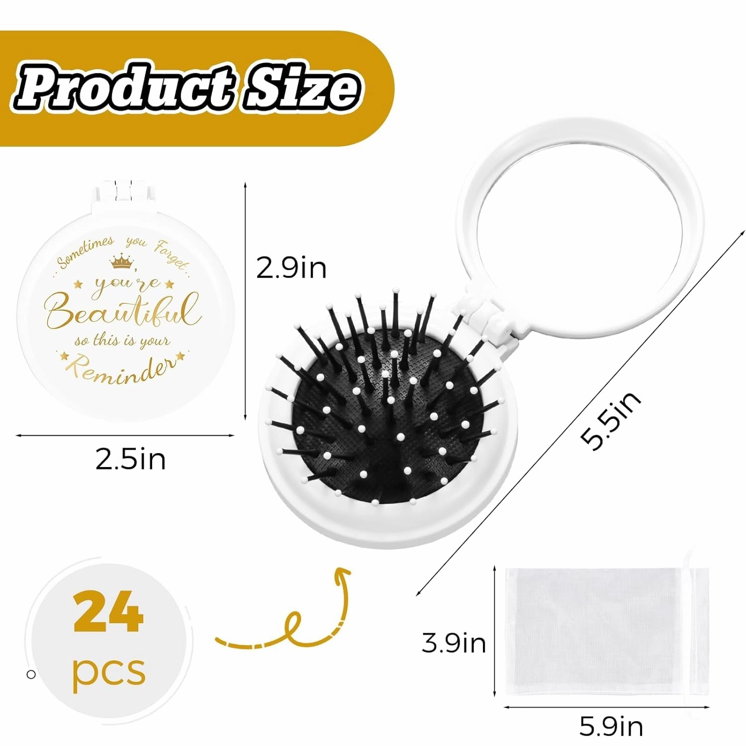 24 Pcs Inspirational Compact Mirror Hair Brush Bulk Inspirational Gifts for Women Sometimes You Forget You're Beautiful Round Mirror Pocket Hair Brush Gifts for Women Teacher Friends Employee Coworker