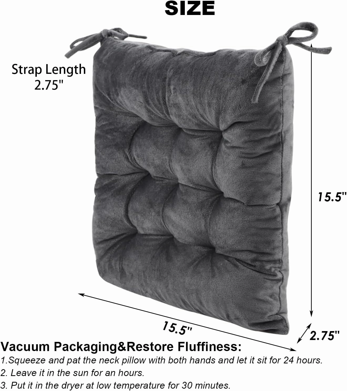 2 Pack Square Seat Cushion Chair Pads for Kitchen Dining Chairs, Soft Comfort Velvet Chair Mat Pillow Cushions with Ties for Office Desk Living Room Tatami 15.5", Dark Gray