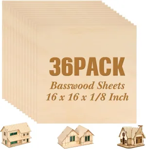 36 Pack Basswood Sheets Plywood Board 1/8 Inch Unfinished Wood Boards for Crafts for DIY Laser Projects Architectural Model Making Mini House Building Hobby Wood Burning (16 x 16 x 1/8 Inch)