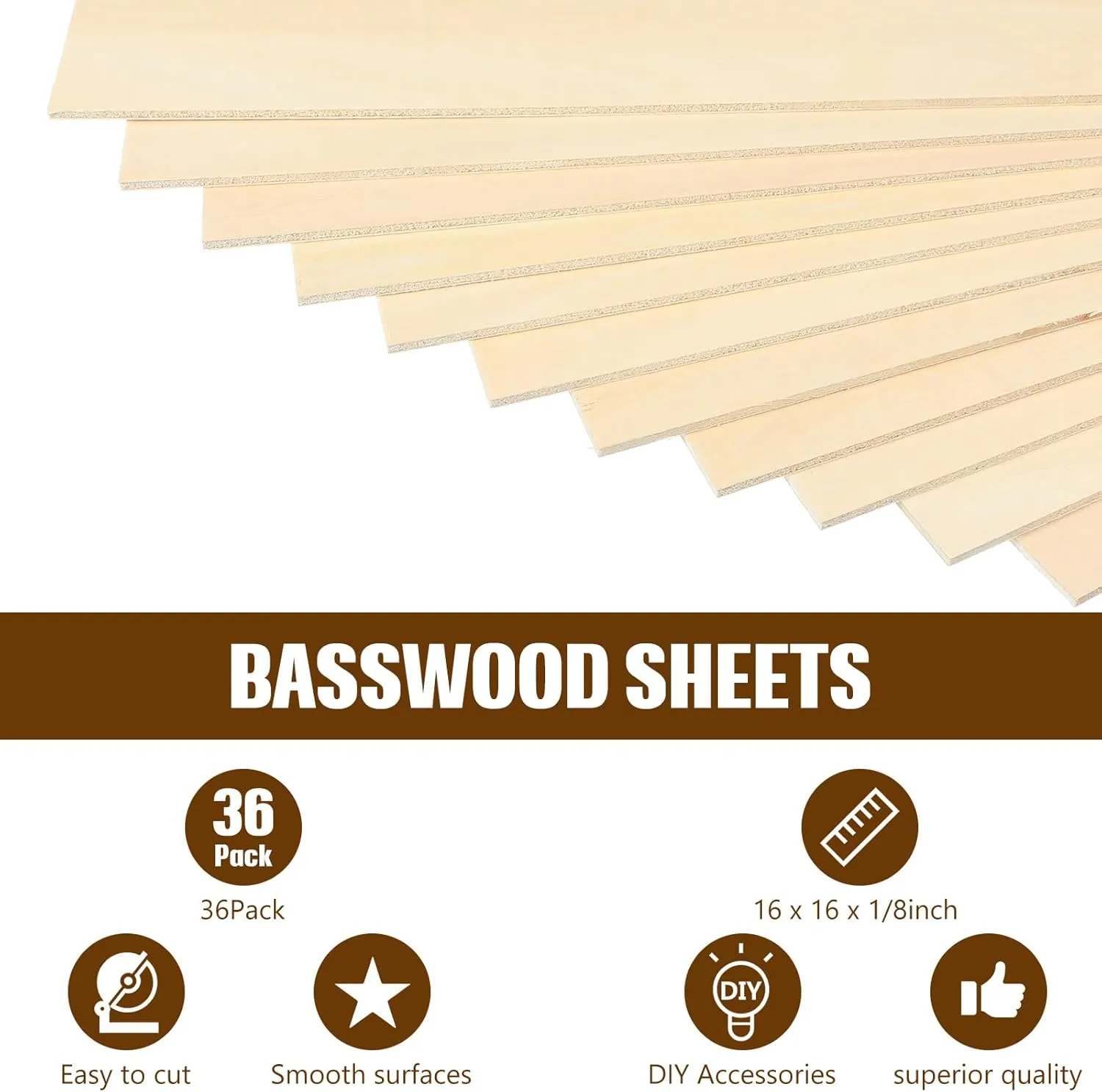 36 Pack Basswood Sheets Plywood Board 1/8 Inch Unfinished Wood Boards for Crafts for DIY Laser Projects Architectural Model Making Mini House Building Hobby Wood Burning (16 x 16 x 1/8 Inch)