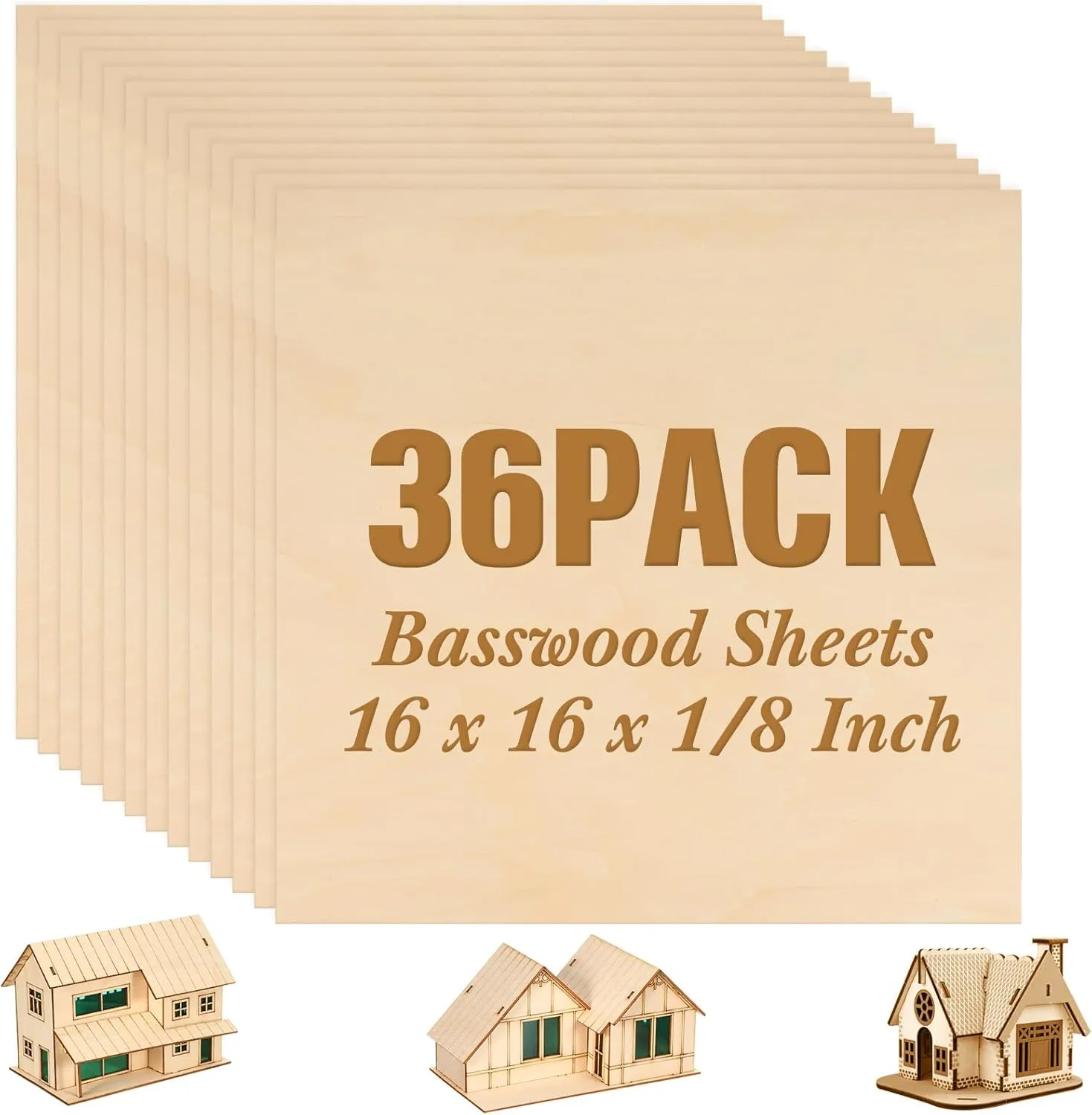 36 Pack Basswood Sheets Plywood Board 1/8 Inch Unfinished Wood Boards for Crafts for DIY Laser Projects Architectural Model Making Mini House Building Hobby Wood Burning (16 x 16 x 1/8 Inch)