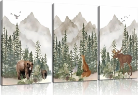 3Pcs Woodland Nursery Wall Art Wild Animals Posters Pictures Foggy Forest Canvas Prints Adventure Theme Kids Wall Decor Watercolor Paintings for Children Boys Room Girls Room Framed