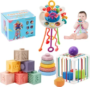 4 in 1 Baby Toys 6-12 Months, Stacking Building Blocks Infant Toys & Stacking Rings Teething Toys 0-6-12-18 M , Color Shape Bin Sensory Toys, Pull String Montessori Toys for 1-3 Year Old Boy Girl Gift