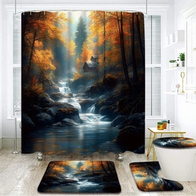4 Piece Autumn Waterfall Shower Curtain Set with Rugs, Toilet Lid Cover,Misty Forest Maple Tree Rustic Cabin Jungle River Stream Rocks Country Nature Landscape Bathroom Shower Curtain with Hooks