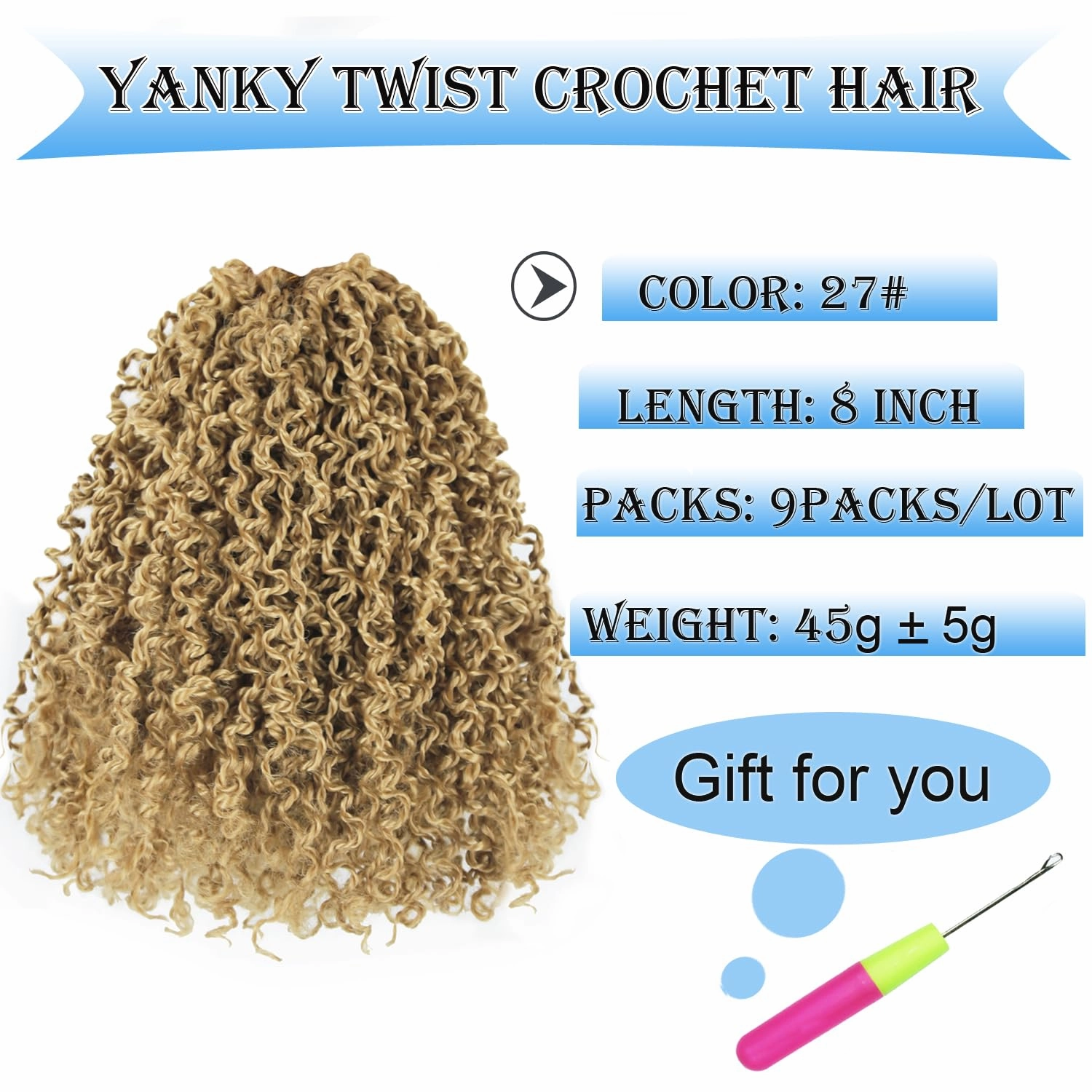 8 Inch 9 Packs Yanky Twist Crochet Hair Pre-Twisted Curly Braiding Hair Extensions Pre-looped Senegalese Twist Braids Synthetic Curly Crochet Hair For Black Women(8inch, 9pack, 27#)