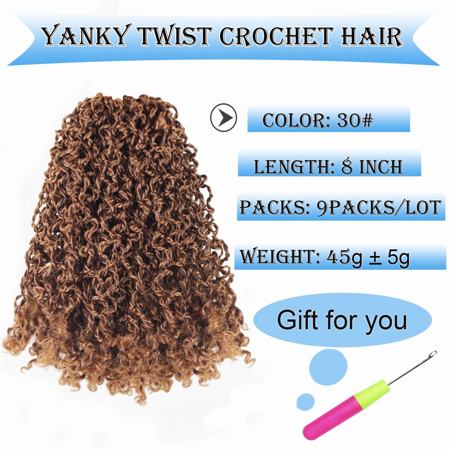 8 Inch 9 Packs Yanky Twist Crochet Hair Pre-Twisted Curly Braiding Hair Extensions Pre-looped Senegalese Twist Braids Synthetic Curly Crochet Hair For Black Women(8inch, 9pack, 30#)