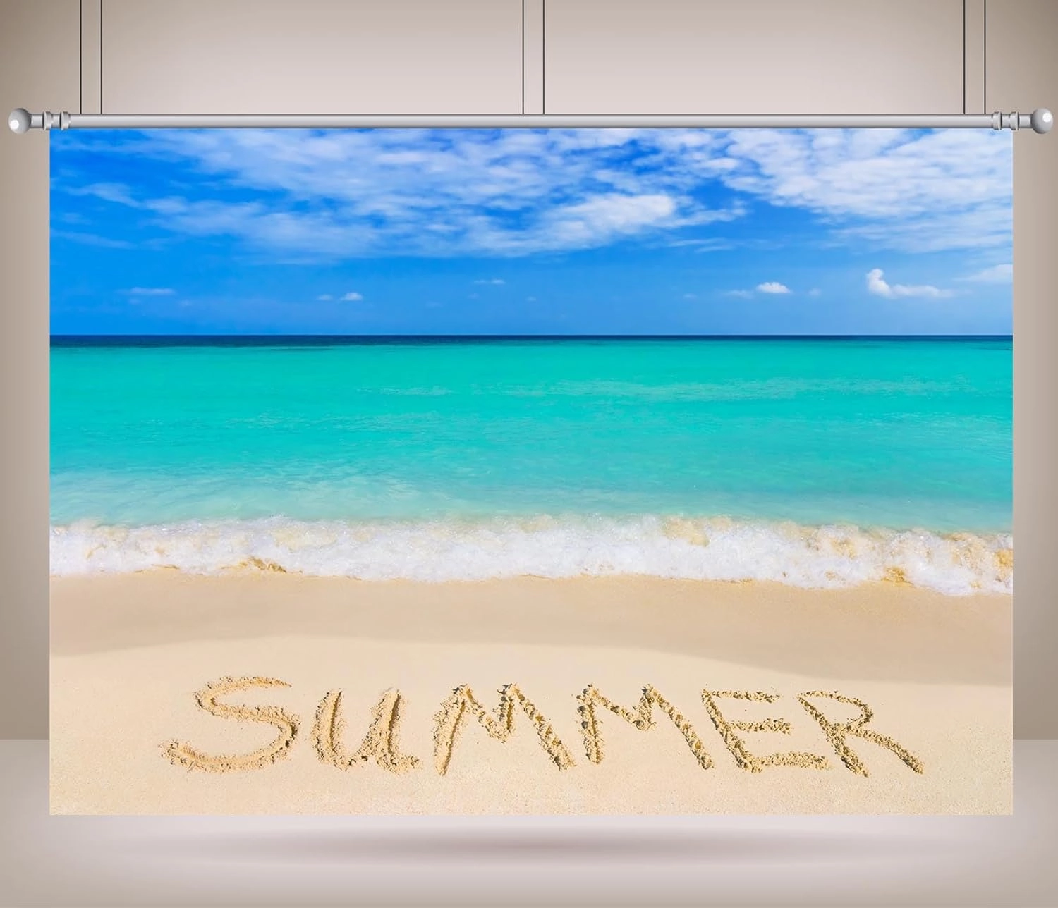 8x6 Fabric Summer Beach Backdrop Tropical Beach with Word Summer Blue Ocean Seascape Photography Background for Hawaii Trip Party Decorations Photo Studio Props