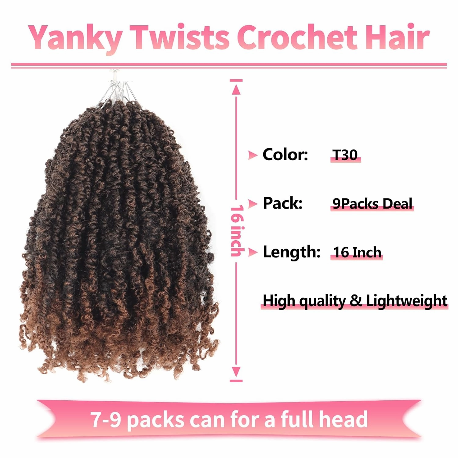 9 Packs Yanky Twist 16 Inch Crochet Hair Pre-Twisted Curly Braiding Hair Extensions Pre-looped Ombre Brown Yanky Twists Hair with Curls (T30#, 16 Inch (Pack of 9))