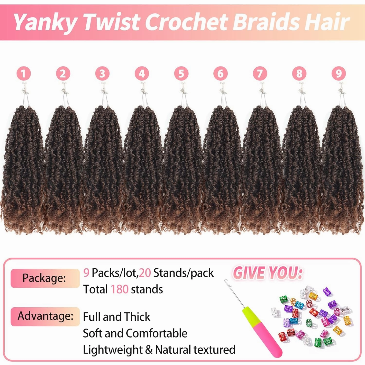 9 Packs Yanky Twist 16 Inch Crochet Hair Pre-Twisted Curly Braiding Hair Extensions Pre-looped Ombre Brown Yanky Twists Hair with Curls (T30#, 16 Inch (Pack of 9))