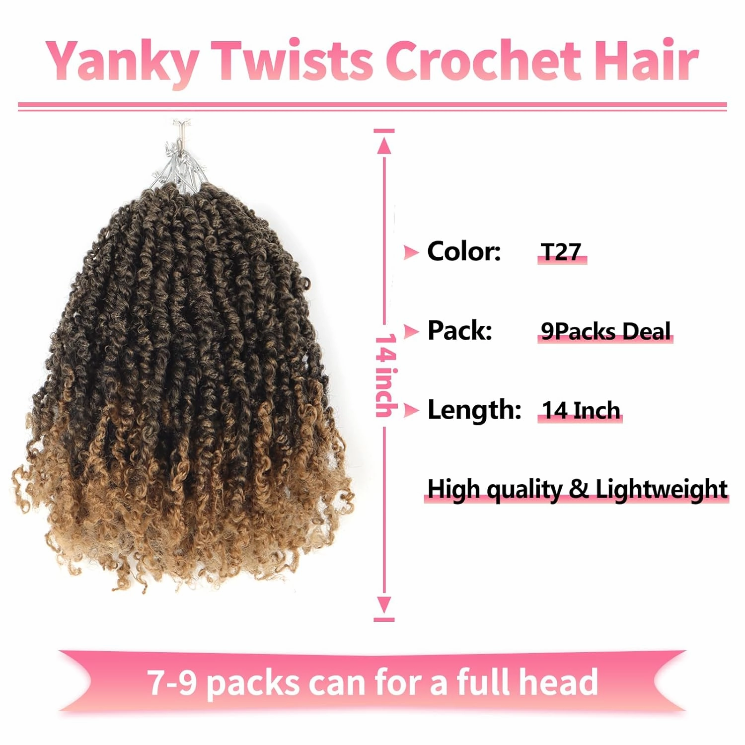 9 Packs Yanky Twist Crochet Hair 14 inch Pre-twisted Passion Twist Crochet Hair Micro Spring Twist Crochet Hair Extensions Suitable for black women.(T27#, 14 Inch (Pack of 9))