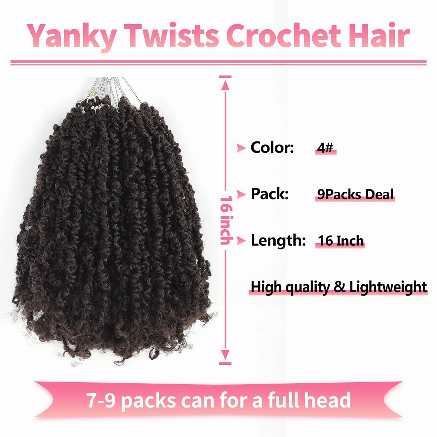 9 Packs Yanky Twist Crochet Hair 16 inch Pre-Twisted Curly Braiding Hair Extensions Pre-looped brown Yanky Twists Hair with Curls (4#, 16 Inch (Pack of 9))