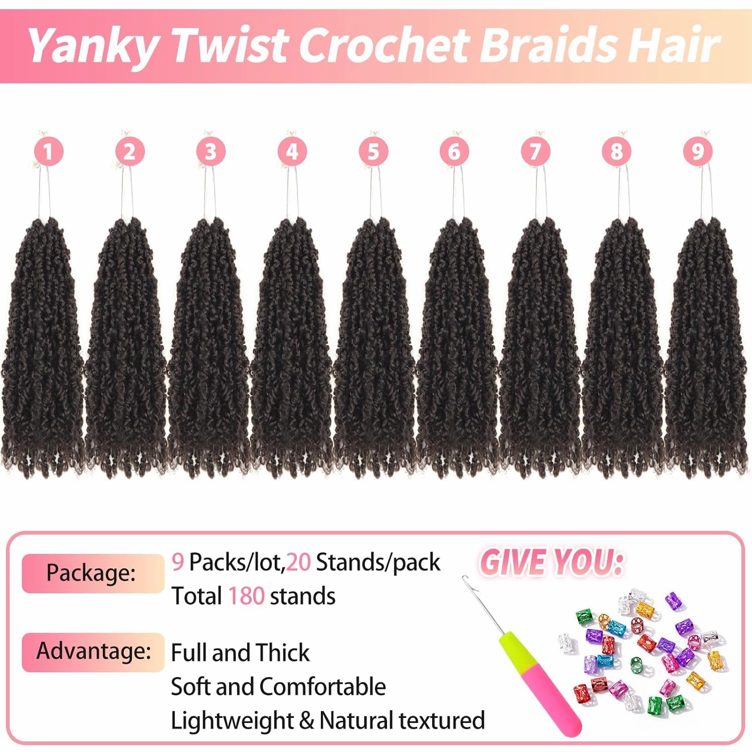 9 Packs Yanky Twist Crochet Hair 16 inch Pre-Twisted Curly Braiding Hair Extensions Pre-looped brown Yanky Twists Hair with Curls (4#, 16 Inch (Pack of 9))