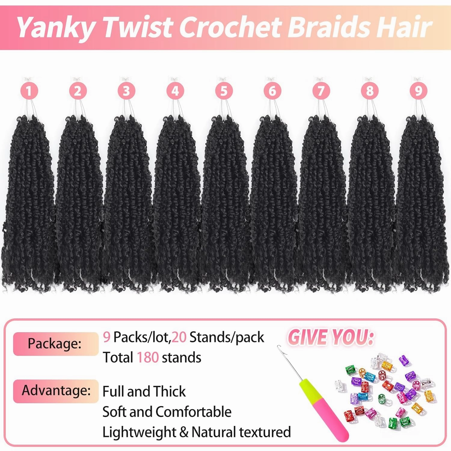 9 Packs Yanky Twist Crochet Hair 16 inch Pre-twisted Passion Twist Crochet Hair Micro Spring Twist Crochet Hair Extensions Suitable for black women.(1B, 16 Inch (Pack of 9))