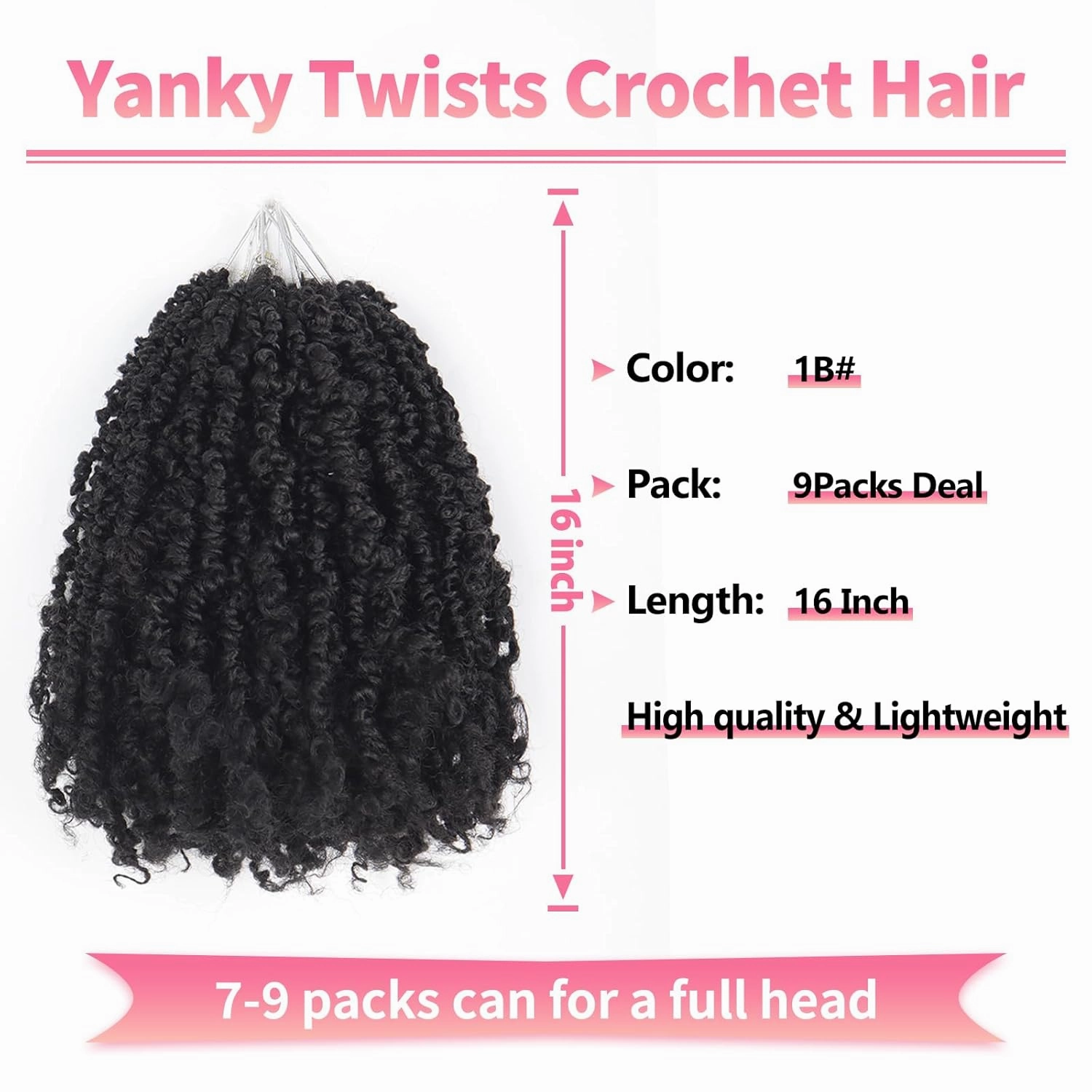 9 Packs Yanky Twist Crochet Hair 16 inch Pre-twisted Passion Twist Crochet Hair Micro Spring Twist Crochet Hair Extensions Suitable for black women.(1B, 16 Inch (Pack of 9))