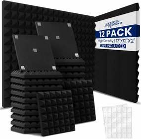 | 12 Pack | 12x12x2inch | High Density Acoustic Foam Wall Panels | Pyramid Shape | Double Sided Adhesive Tape | Sound Absorbing Acoustic Panels | Sound Proof Foam Panels For Walls