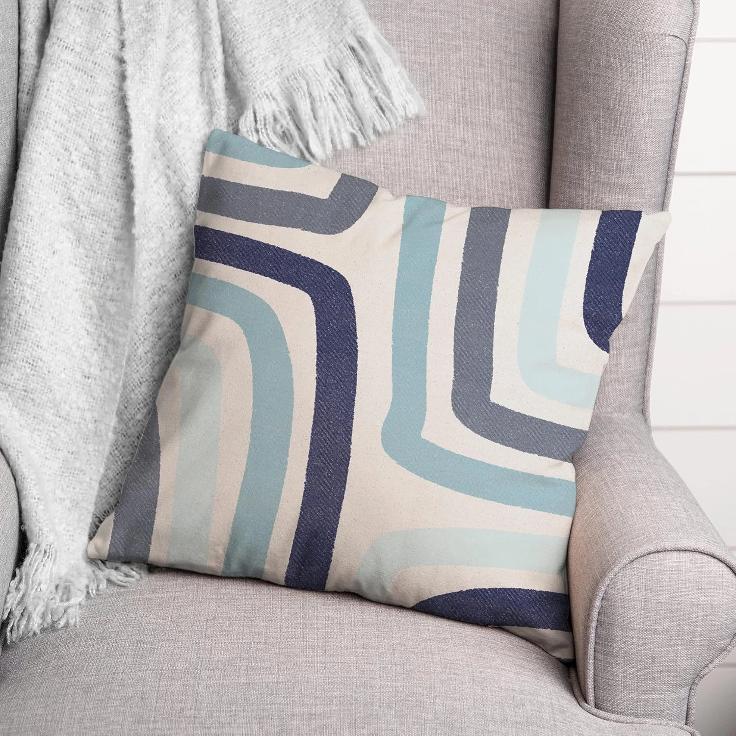 Abstract Blue Stripes Throw Pillow | Decorative Pillows for Living Room Couch Bed Sofa, Fluffy Soft Cushion | Blue, 18x18